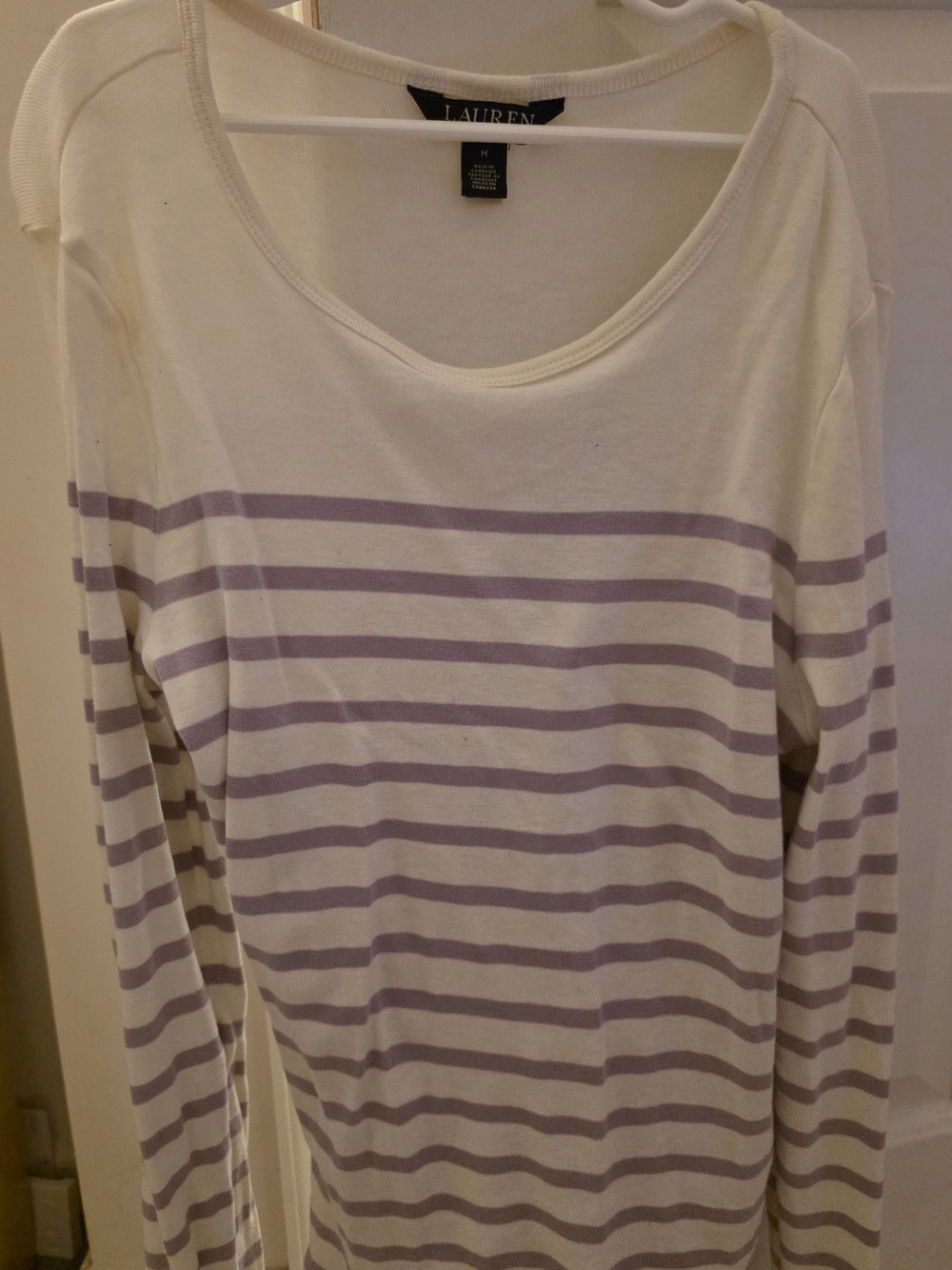 Ralph Lauren White Long-Sleeve Scoop Neck Tee with Light Purple Stripes